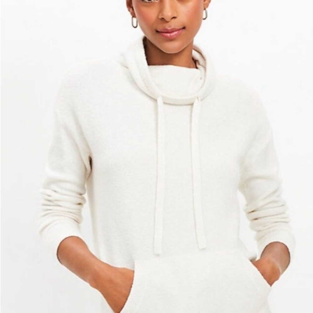 LOFT Ivory Cream Cowl Neck Sweater with front pocket. EUC. Size M.